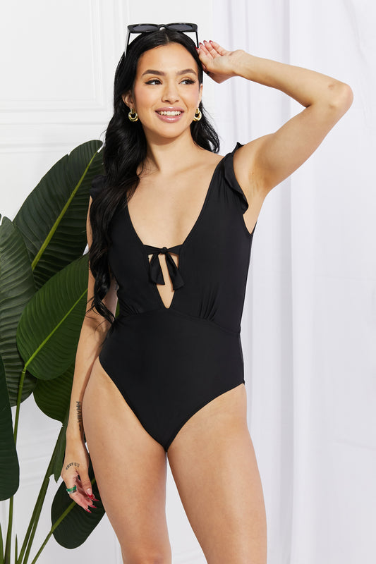 Marina West Swim Seashell Ruffle Sleeve One-Piece in Black - nailedmoms