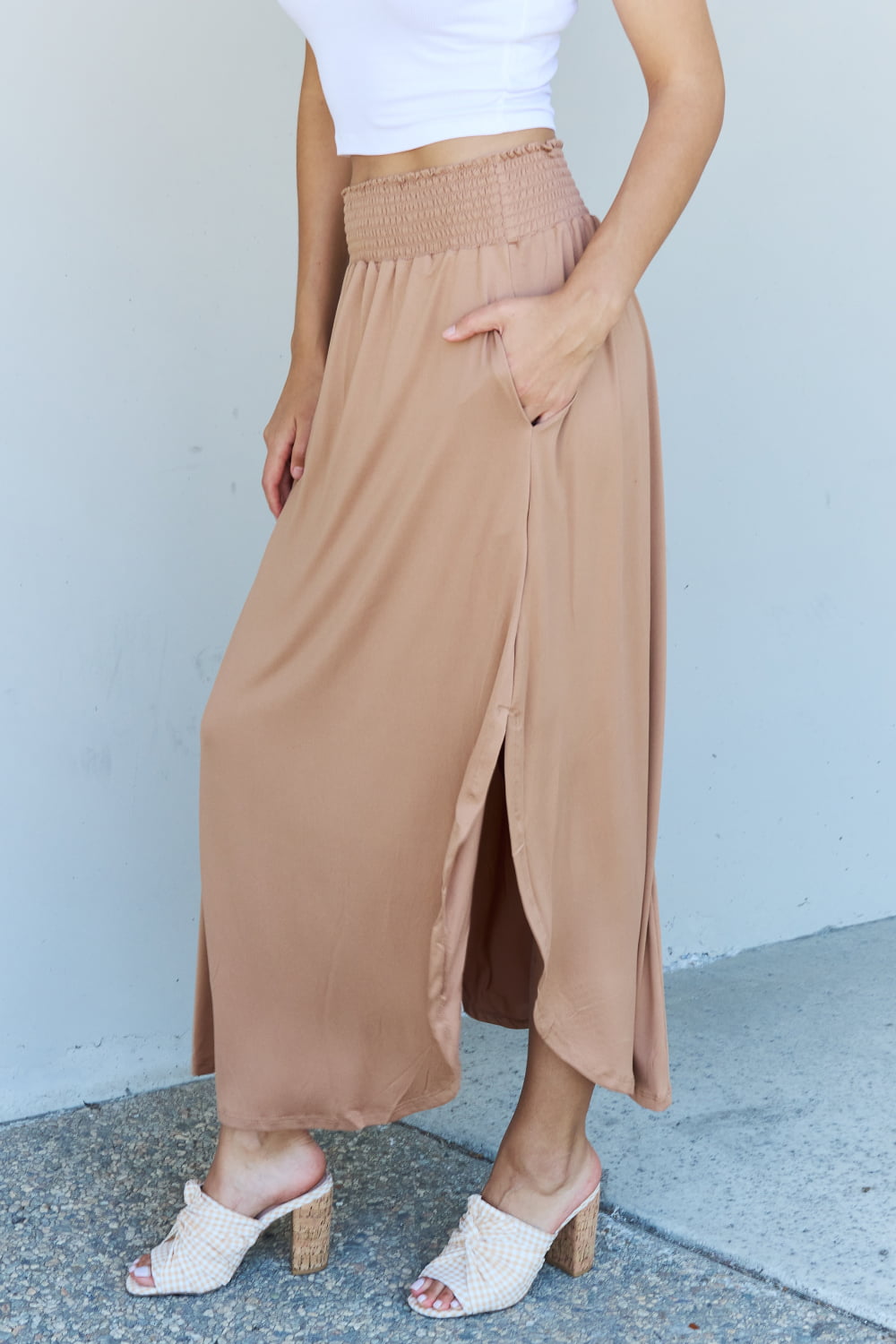 Doublju Comfort Princess Full Size High Waist Scoop Hem Maxi Skirt in Tan - nailedmoms