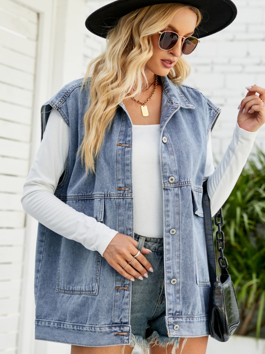 Collared Neck Sleeveless Denim Top with Pockets - nailedmoms
