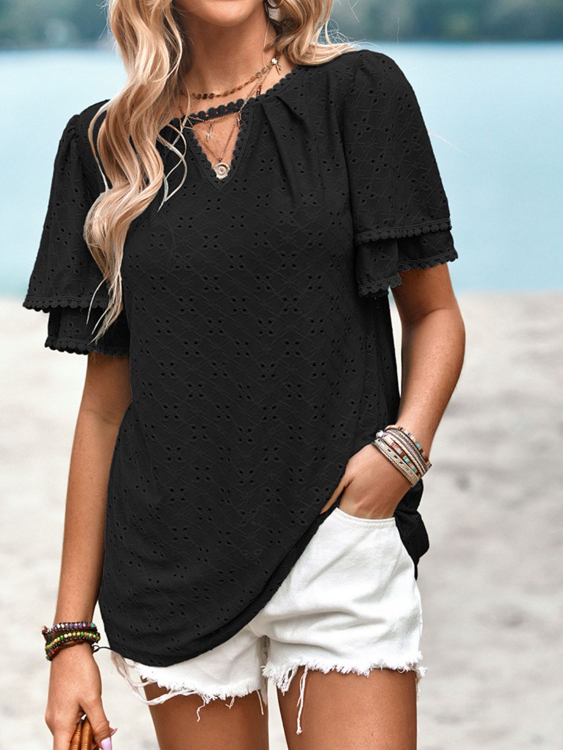 Eyelet Round Neck Puff Sleeve Blouse - nailedmoms