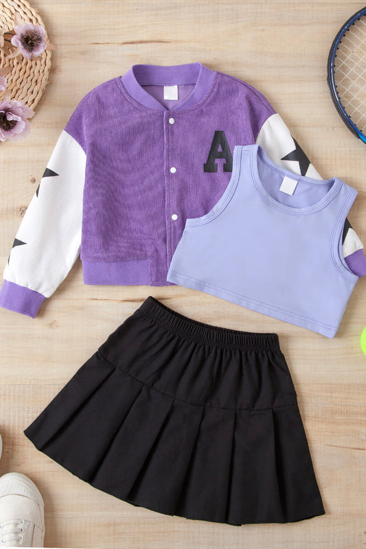 Girls Contrast Bomber Jacket, Tank, and Pleated Skirt Set - nailedmoms