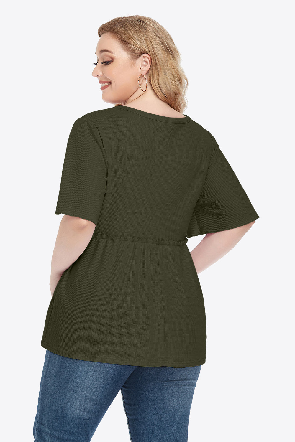 Plus Size Buttoned V-Neck Frill Trim Babydoll Blouse - nailedmoms