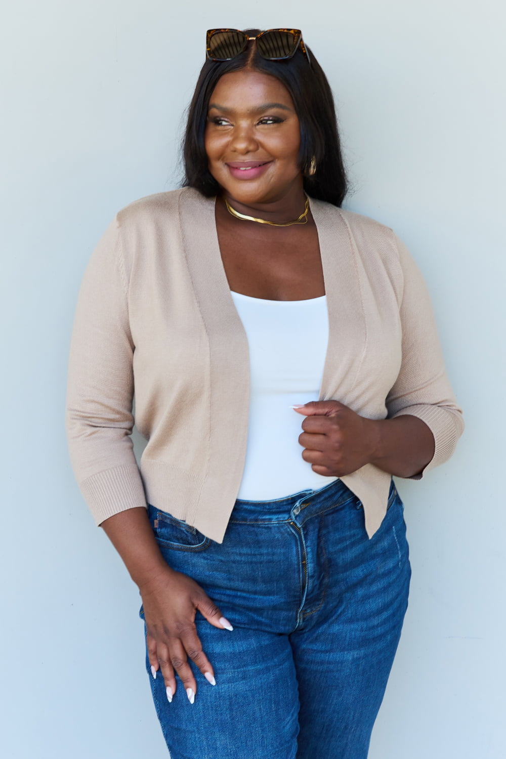 Doublju My Favorite Full Size 3/4 Sleeve Cropped Cardigan in Khaki - nailedmoms