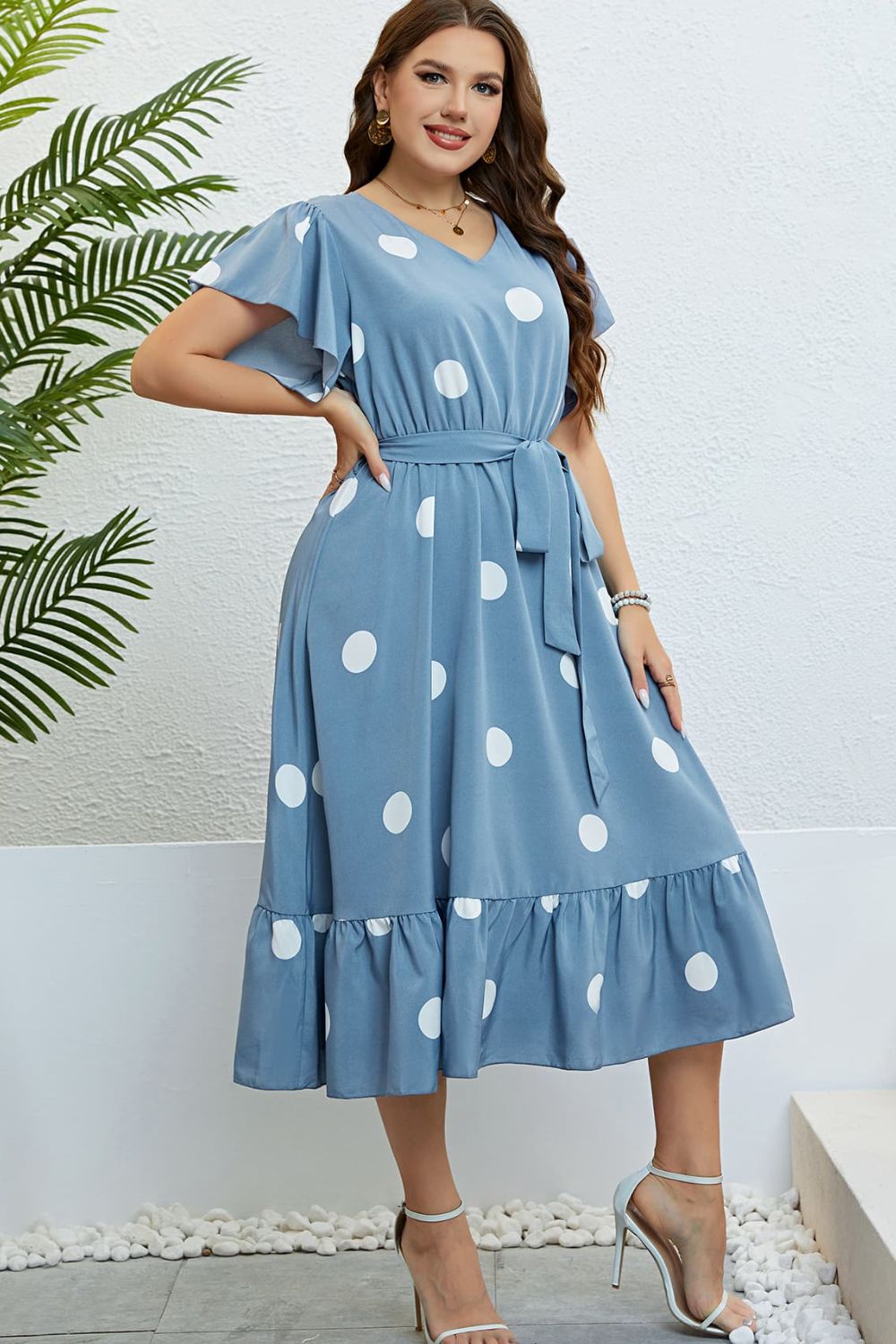 Polka Dot Belted Flutter Sleeve Ruffle Hem Dress - nailedmoms