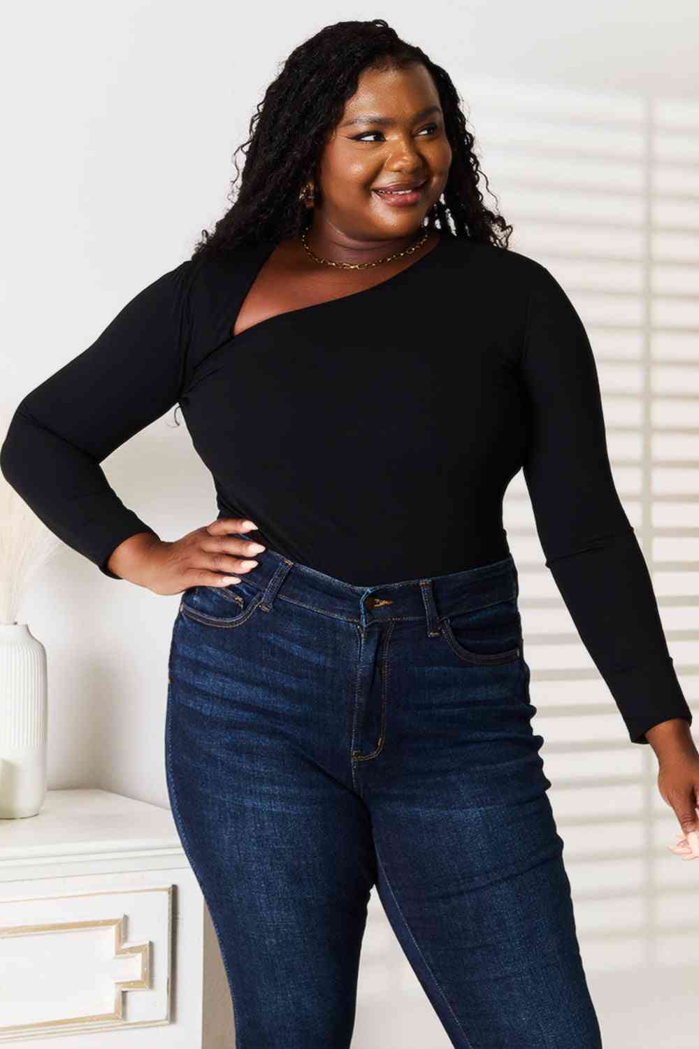 Basic Bae Asymmetrical Neck Long Sleeve Top - nailedmoms