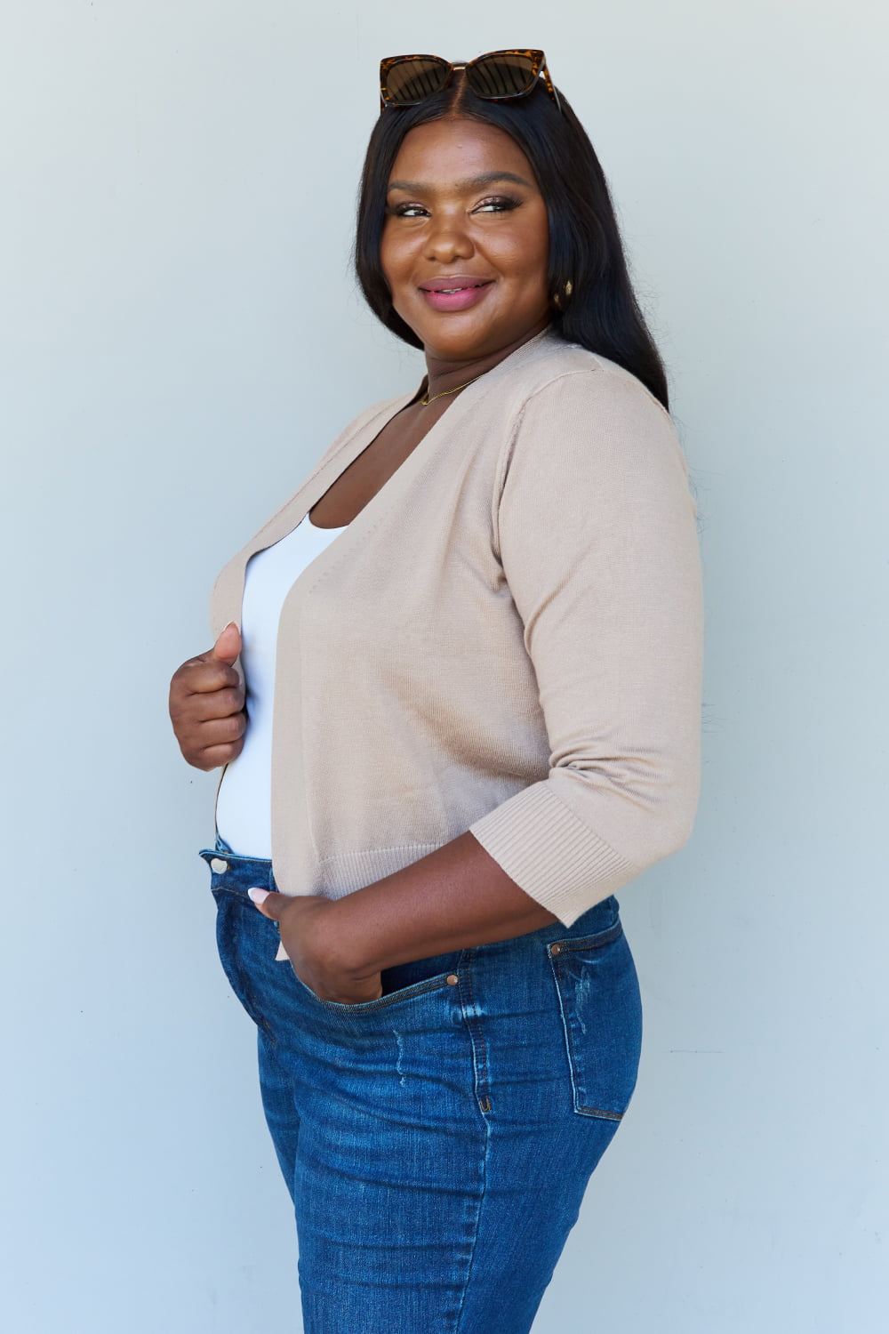 Doublju My Favorite Full Size 3/4 Sleeve Cropped Cardigan in Khaki - nailedmoms