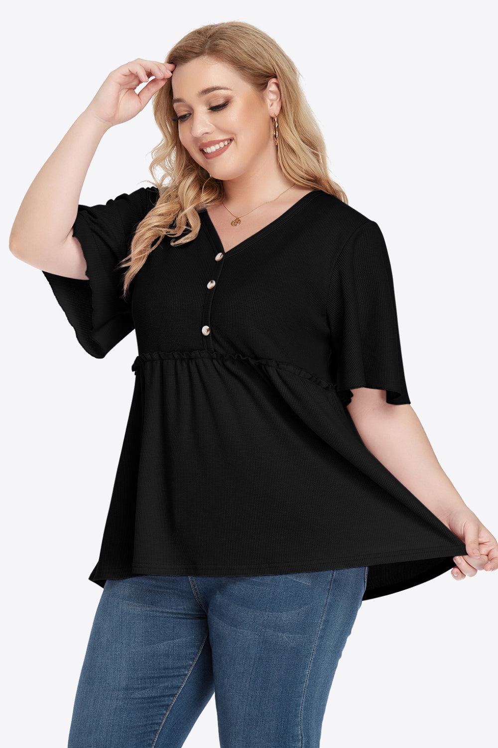 Plus Size Buttoned V-Neck Frill Trim Babydoll Blouse - nailedmoms