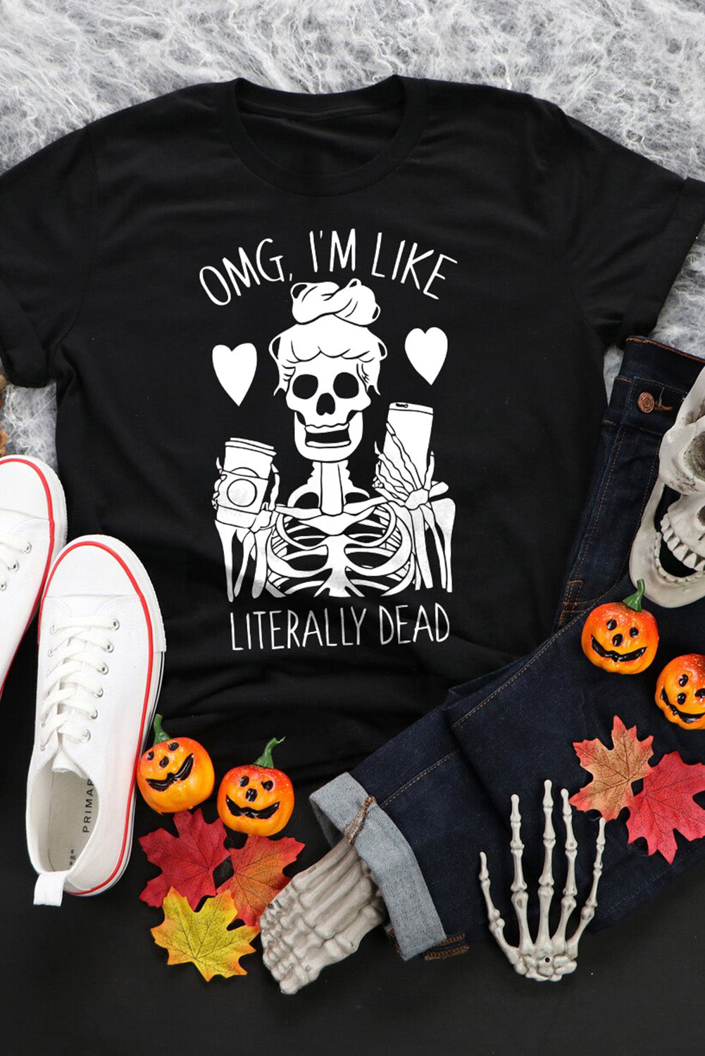 Halloween Skeleton Graphic Round Neck Tee - nailedmoms