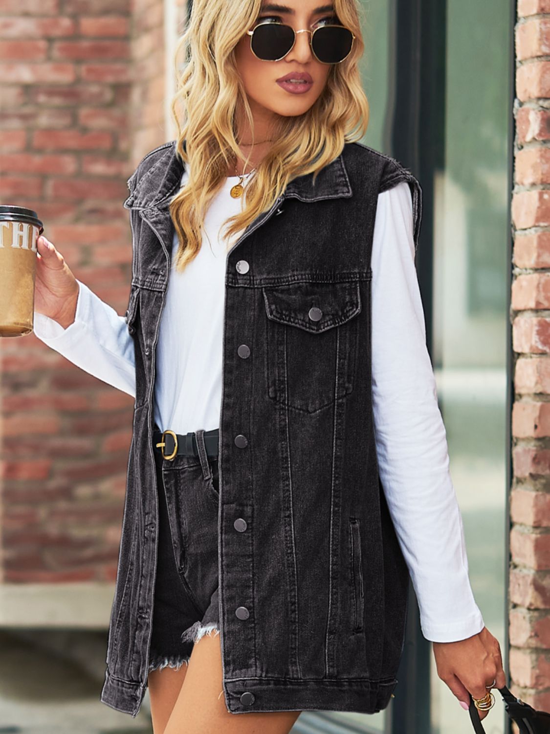 Collared Neck Sleeveless Denim Top with Pockets - nailedmoms