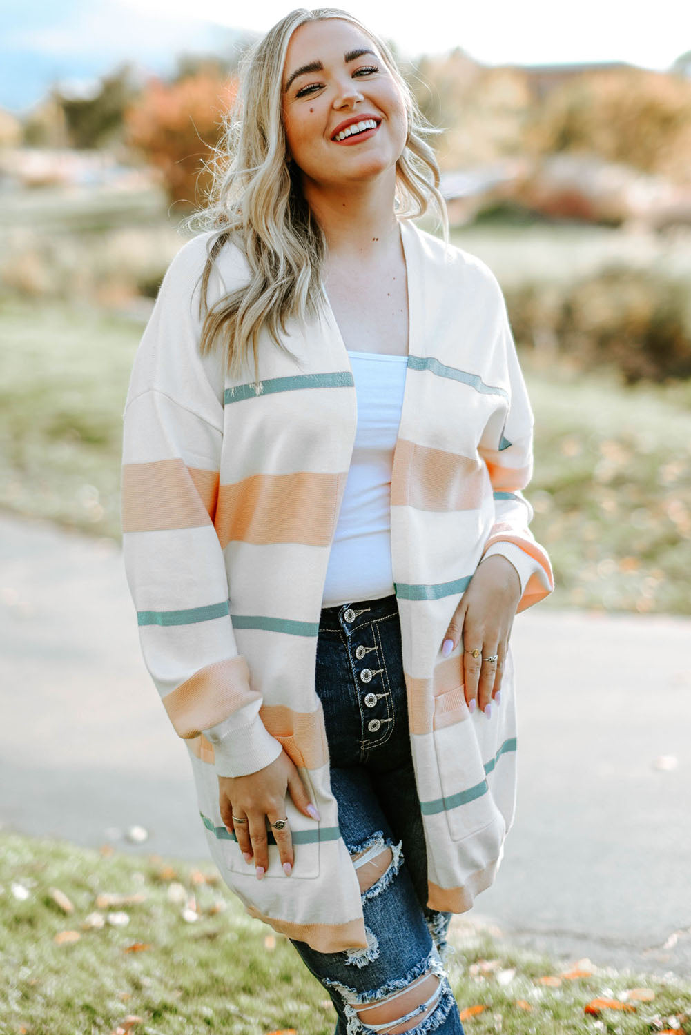 Plus Size Striped Open Front Cardigan - nailedmoms