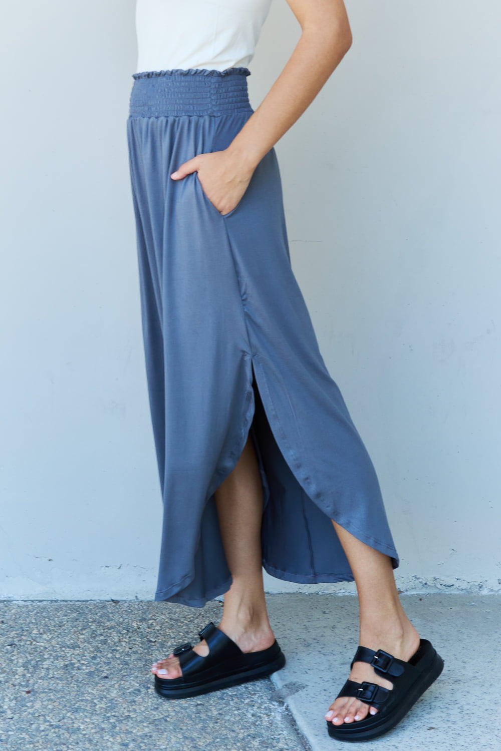 Doublju Comfort Princess Full Size High Waist Scoop Hem Maxi Skirt in Dusty Blue - nailedmoms