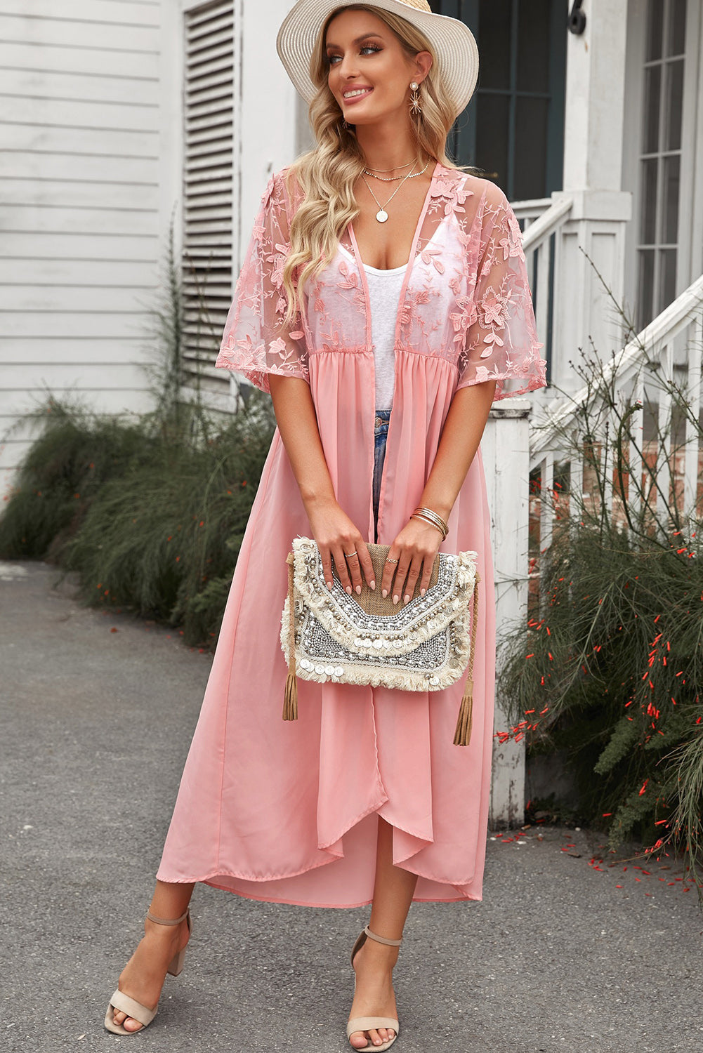 Floral Mesh Lace Crochet Open Front Kimono - nailedmoms