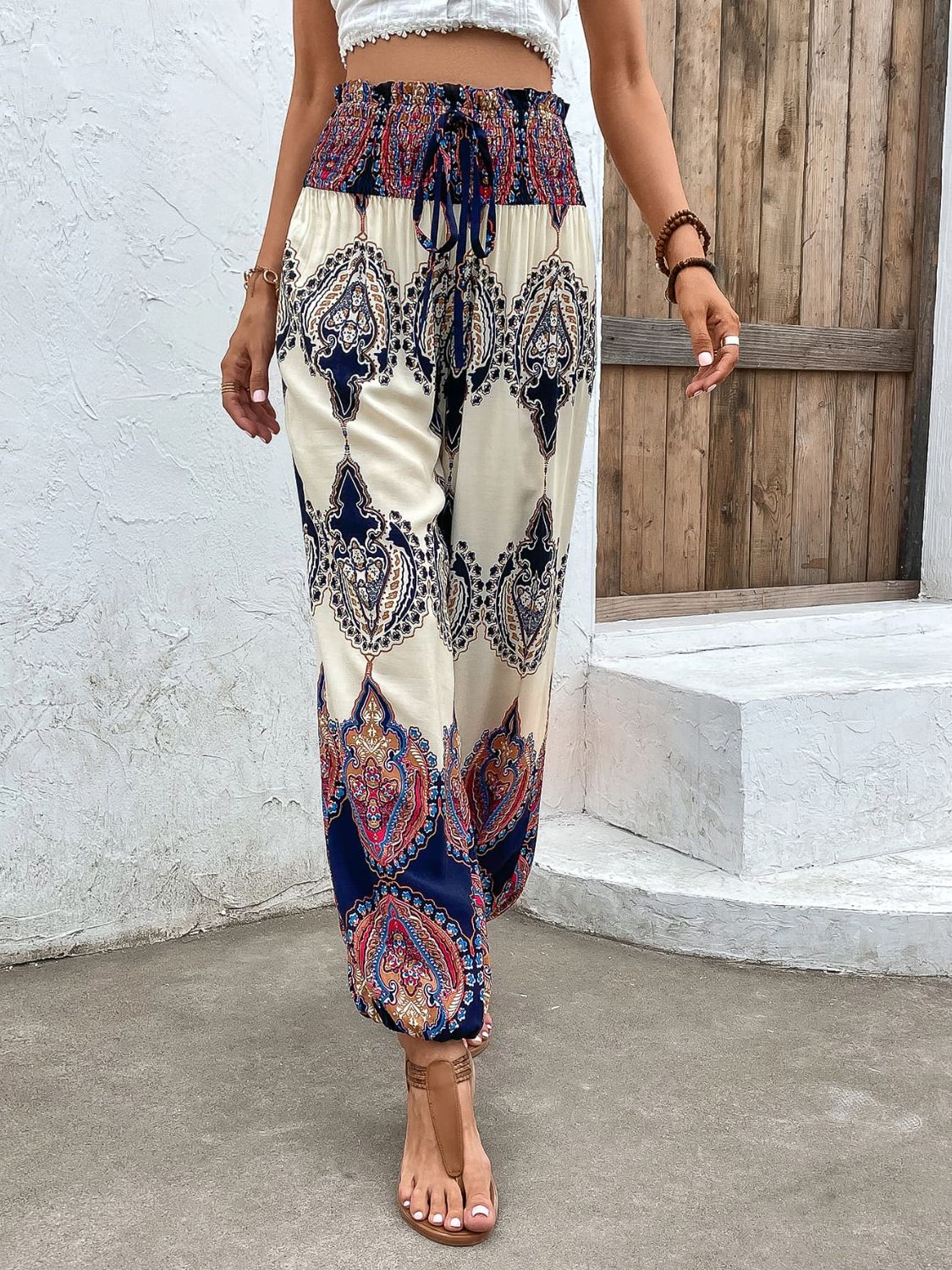 Printed Smocked High Waist Pants - nailedmoms