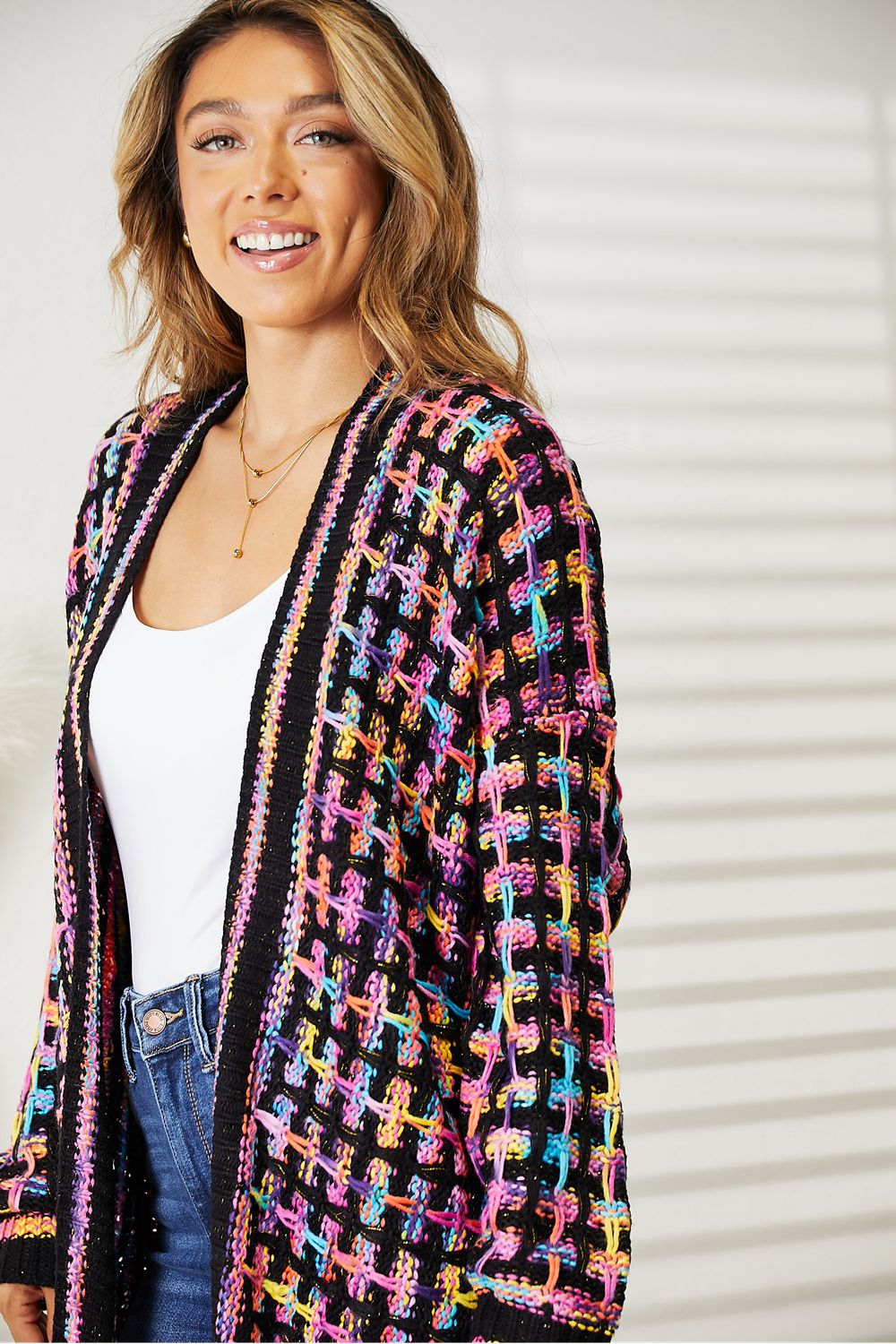 Double Take Full Size Multicolored Open Front Fringe Hem Cardigan - nailedmoms
