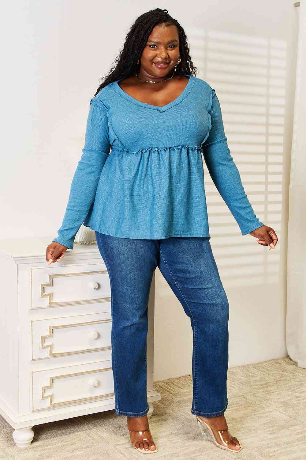 Jade By Jane Full Size Frill Trim Babydoll Blouse - nailedmoms