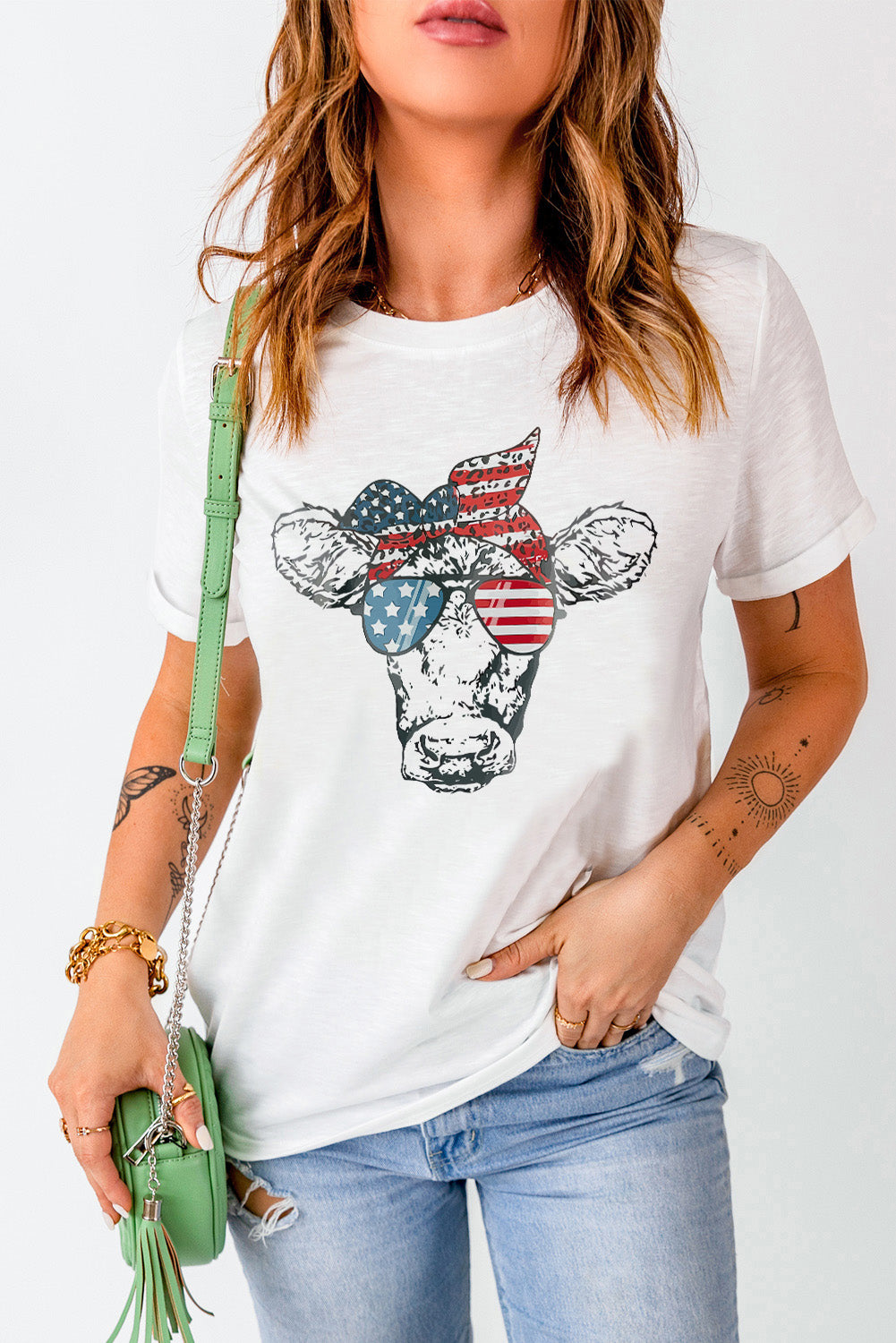 US Flag Cow Graphic Short Sleeve Tee - nailedmoms