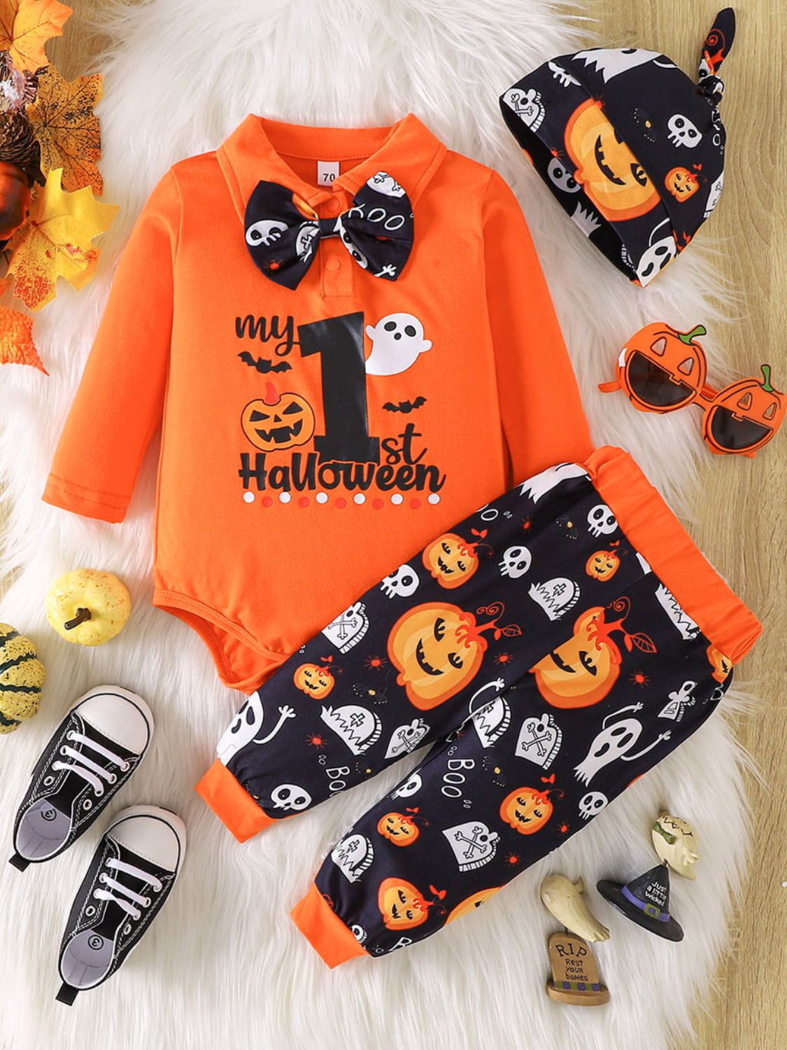 Printed Bow Front Collared Neck Bodysuit and Pants Set - nailedmoms