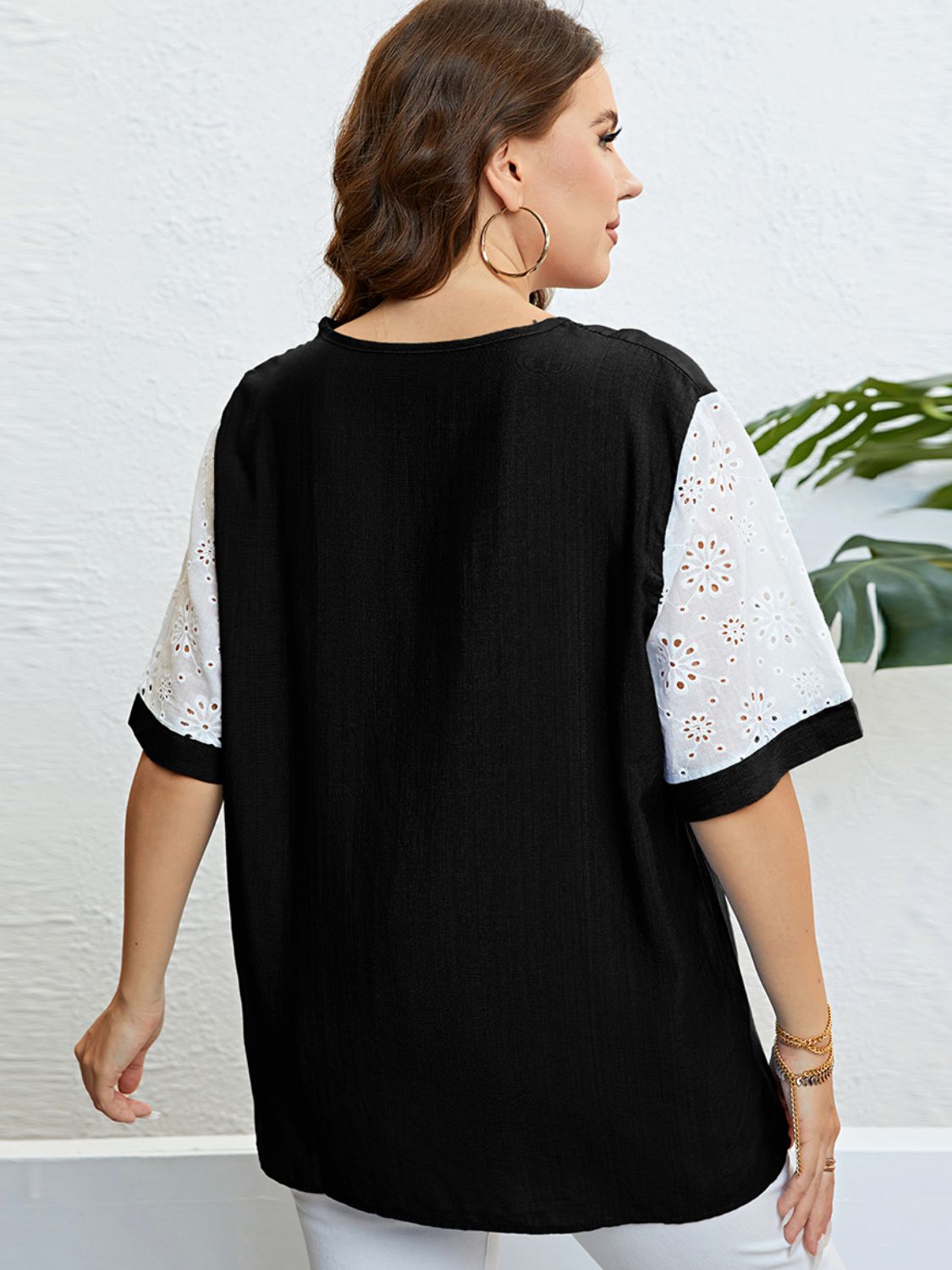 Plus Size Contrast Decorative Button Half Sleeve Top - nailedmoms