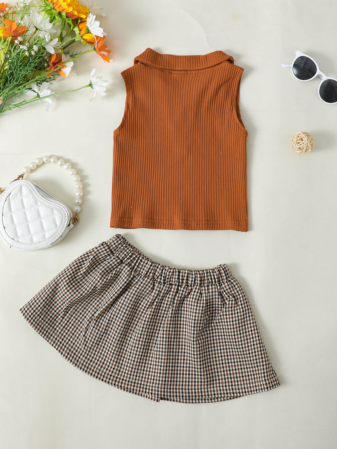 Girls Ribbed Sleeveless Top and Plaid Skirt Set - nailedmoms