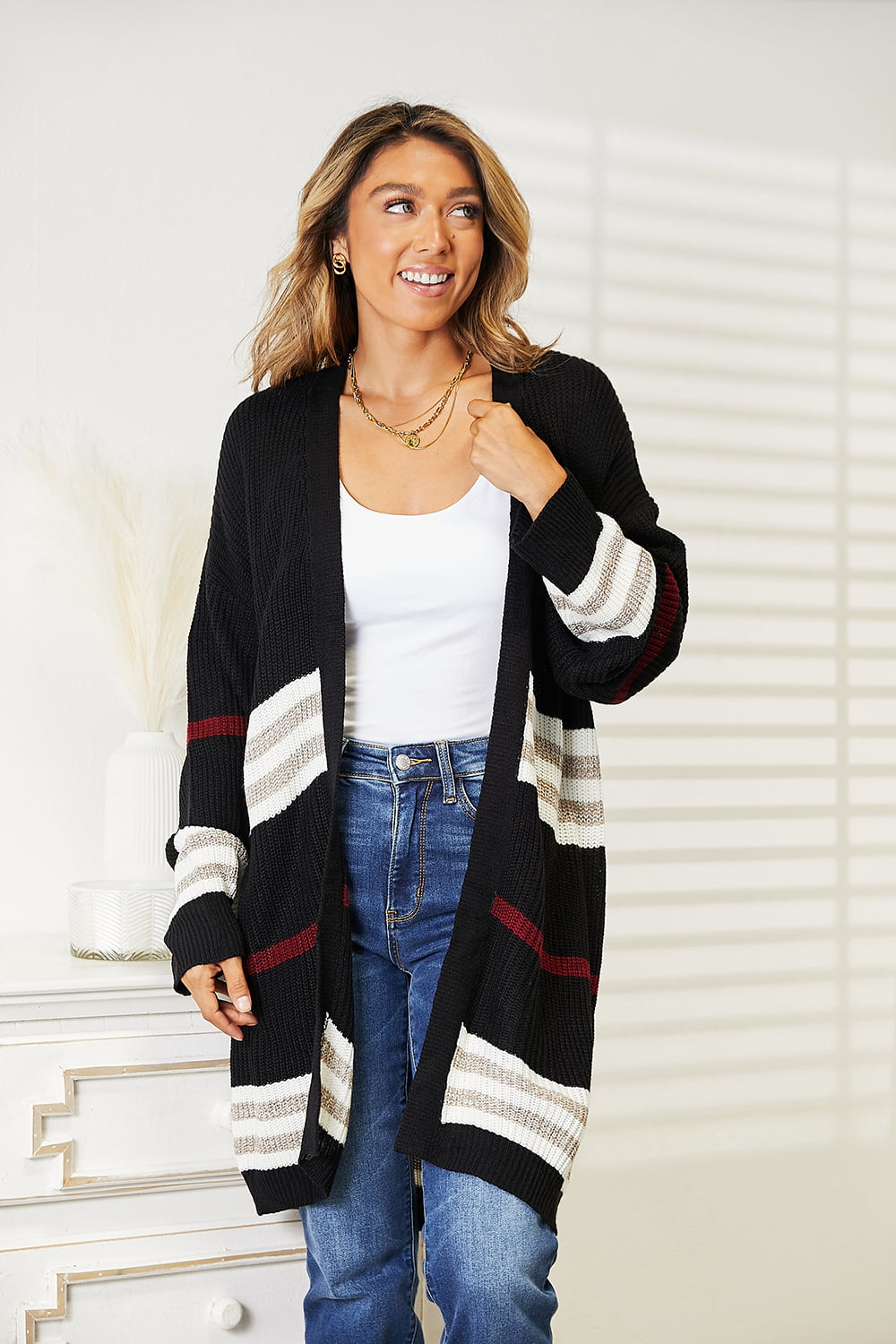 Double Take Striped Rib-Knit Drop Shoulder Open Front Cardigan - nailedmoms