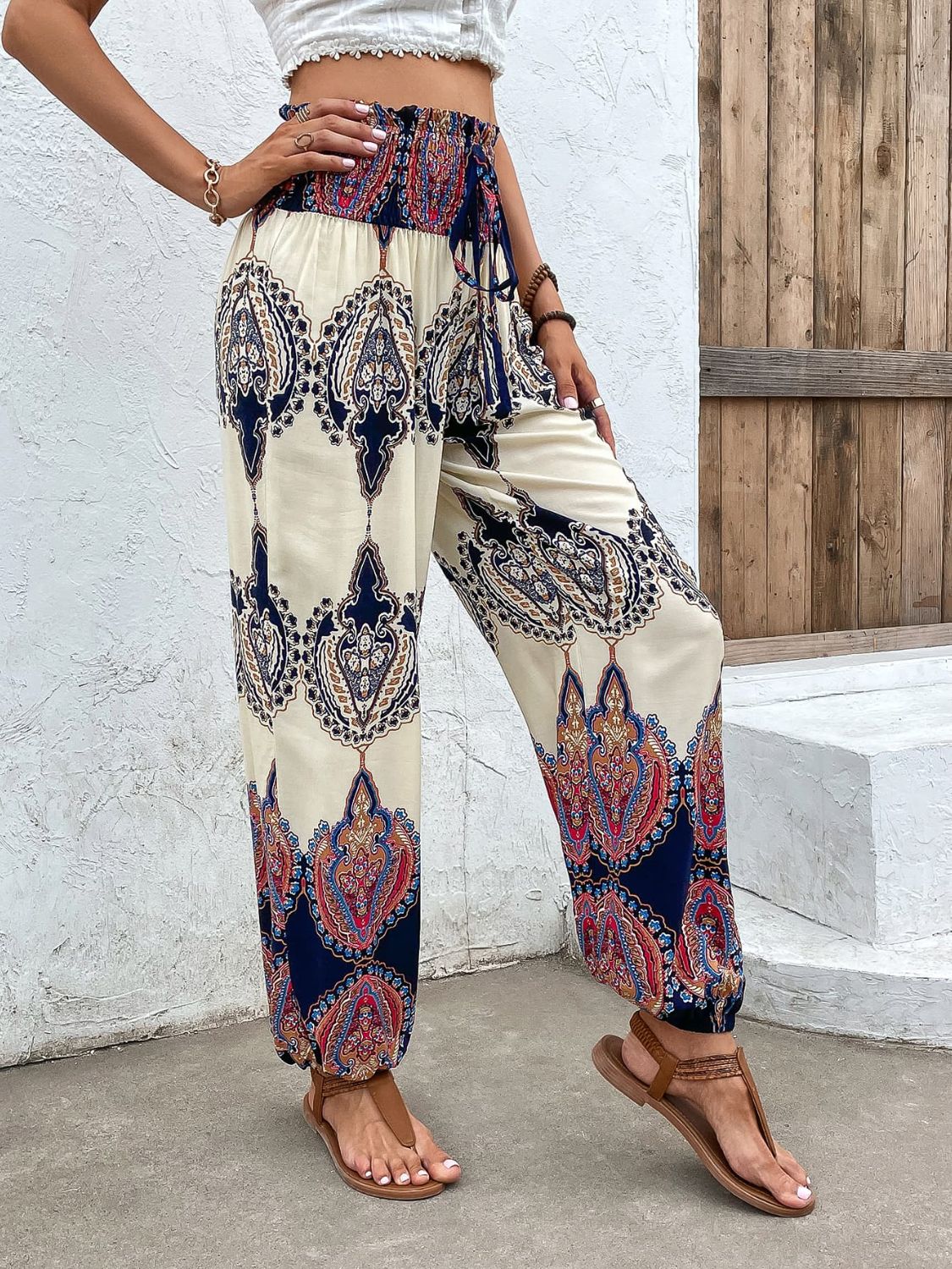 Printed Smocked High Waist Pants - nailedmoms