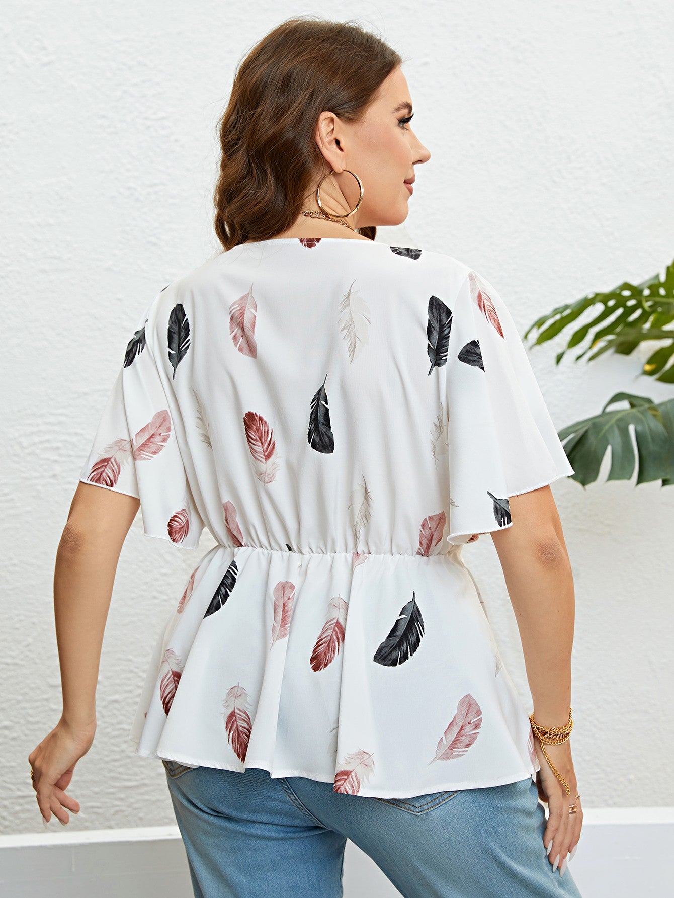 Feather Print Tied Flutter Sleeve Blouse - nailedmoms
