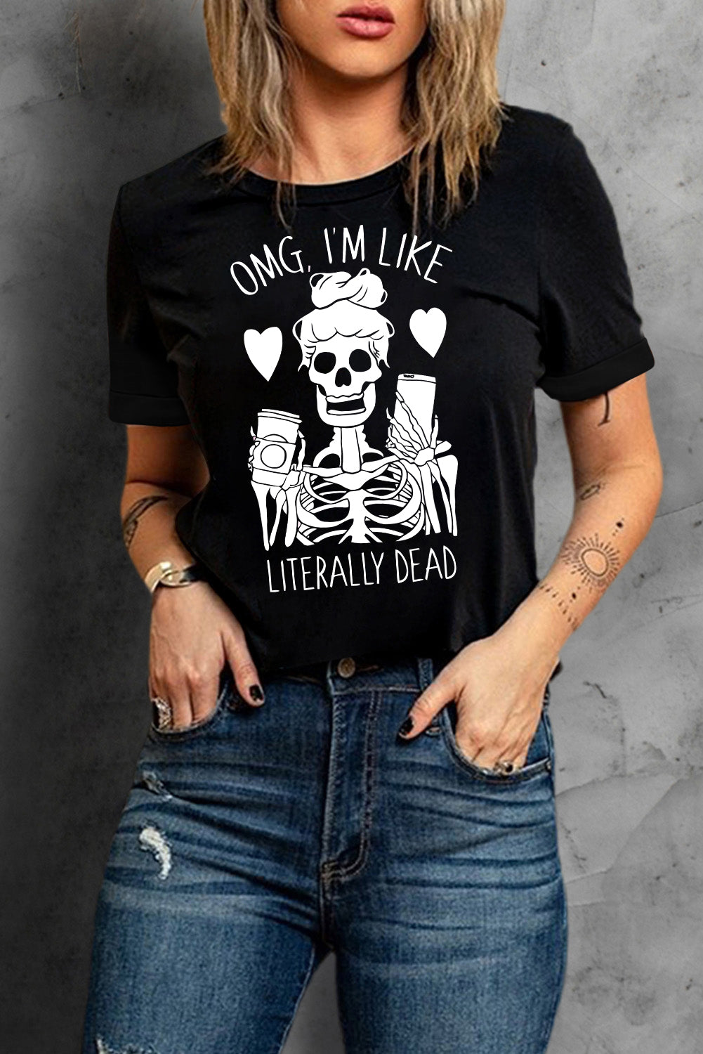 Halloween Skeleton Graphic Round Neck Tee - nailedmoms