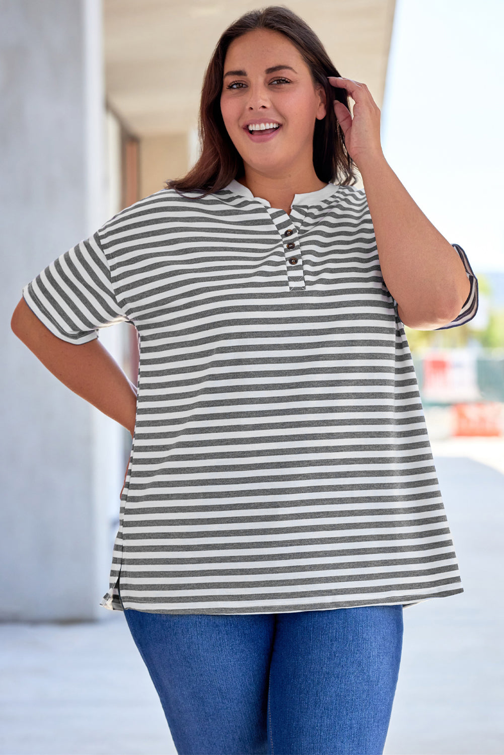 Plus Size Striped Notched Neck Short Sleeve Tee - nailedmoms
