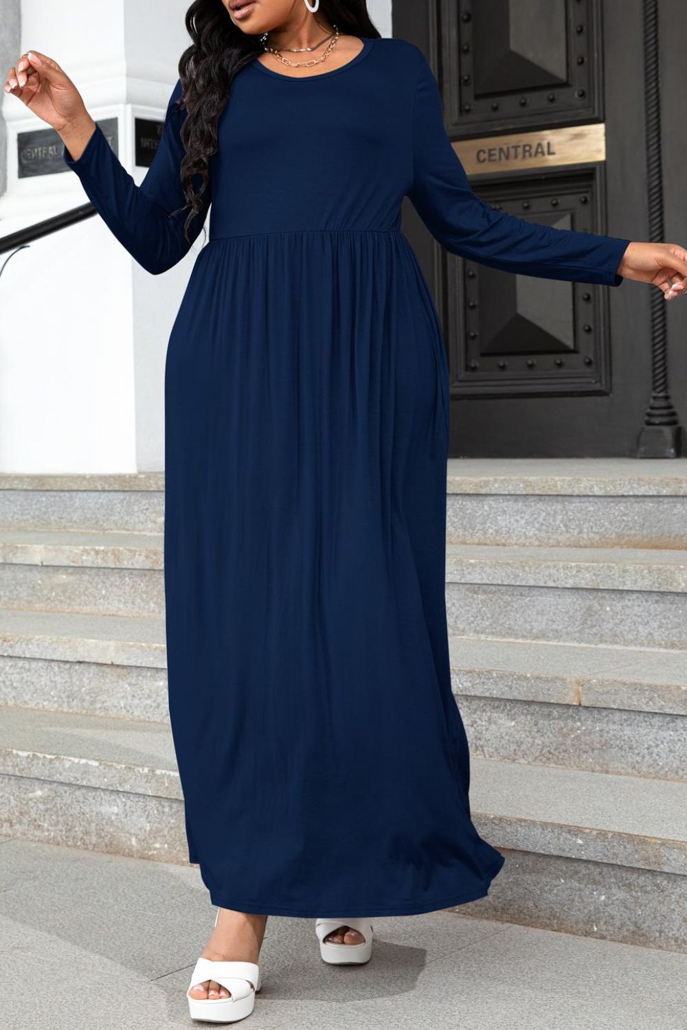 Plus Size Round Neck Long Sleeve Maxi Dress with Pockets - nailedmoms