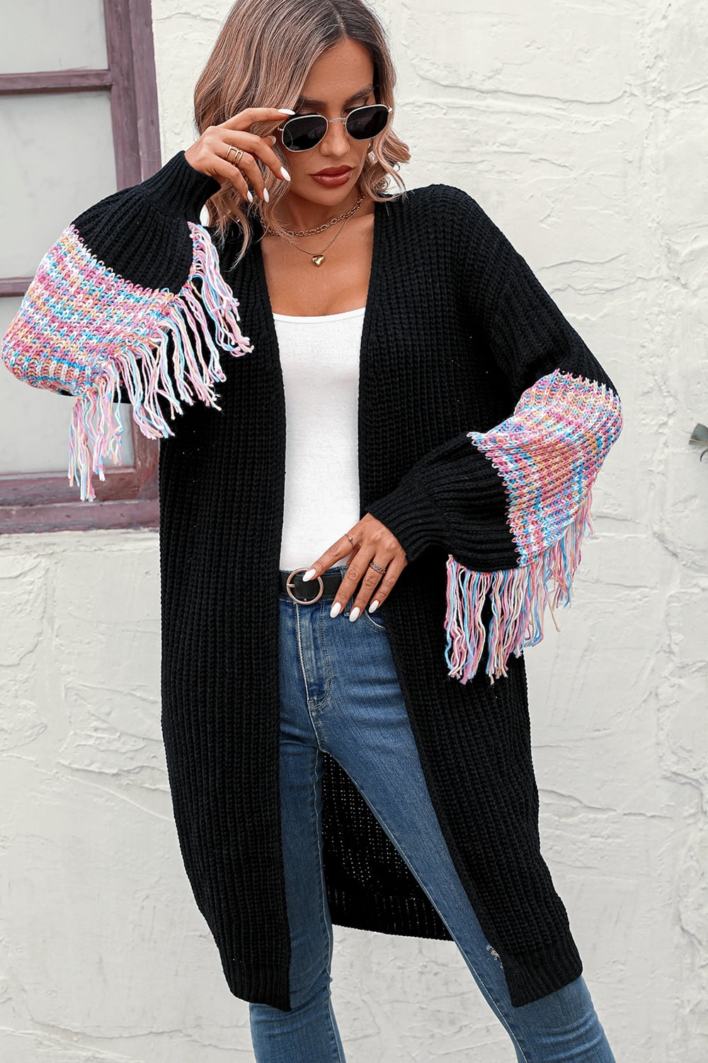 Fringe Sleeve Dropped Shoulder Cardigan - nailedmoms