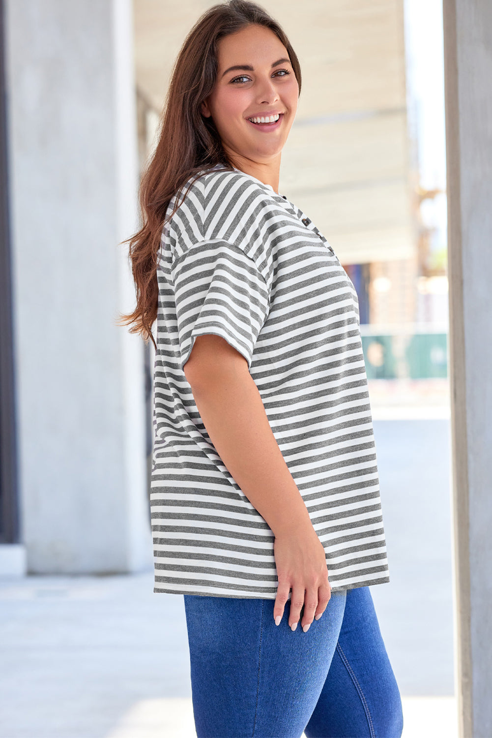 Plus Size Striped Notched Neck Short Sleeve Tee - nailedmoms