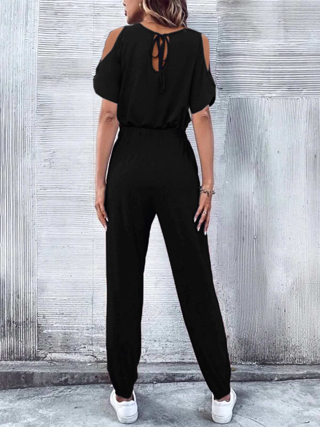 V-Neck Cold-Shoulder Jumpsuit with Pockets - nailedmoms