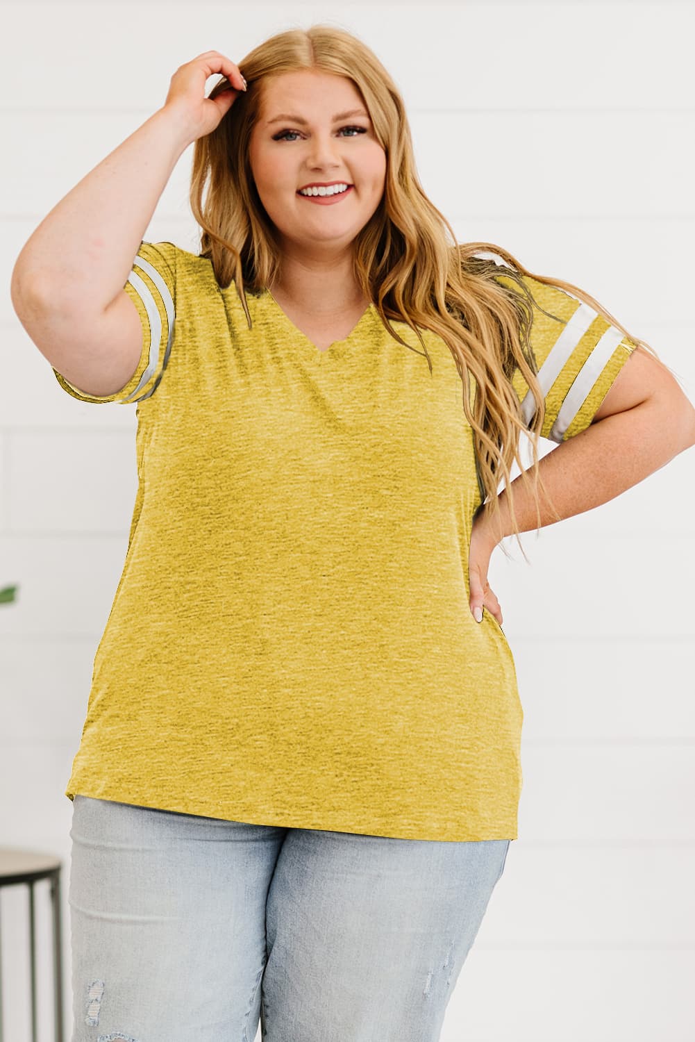 Plus Size Striped V-Neck Tee Shirt - nailedmoms