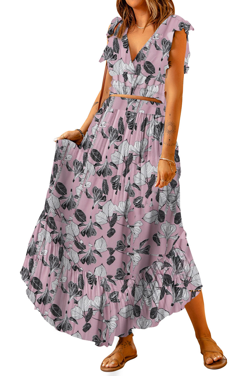 Printed Tie Back Cropped Top and Maxi Skirt Set - nailedmoms