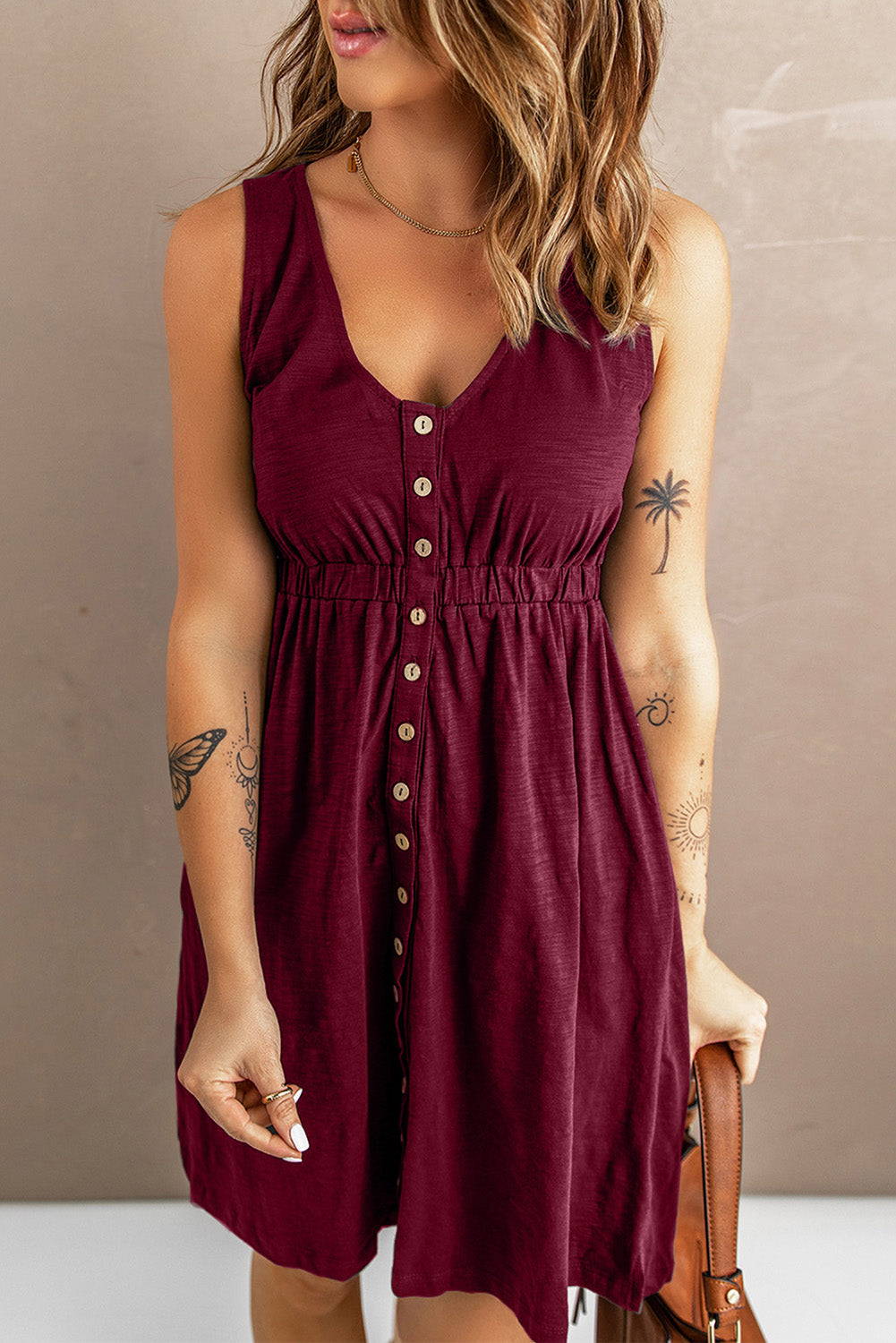 Button Front Empire Waist Sleeveless Slit Dress - nailedmoms
