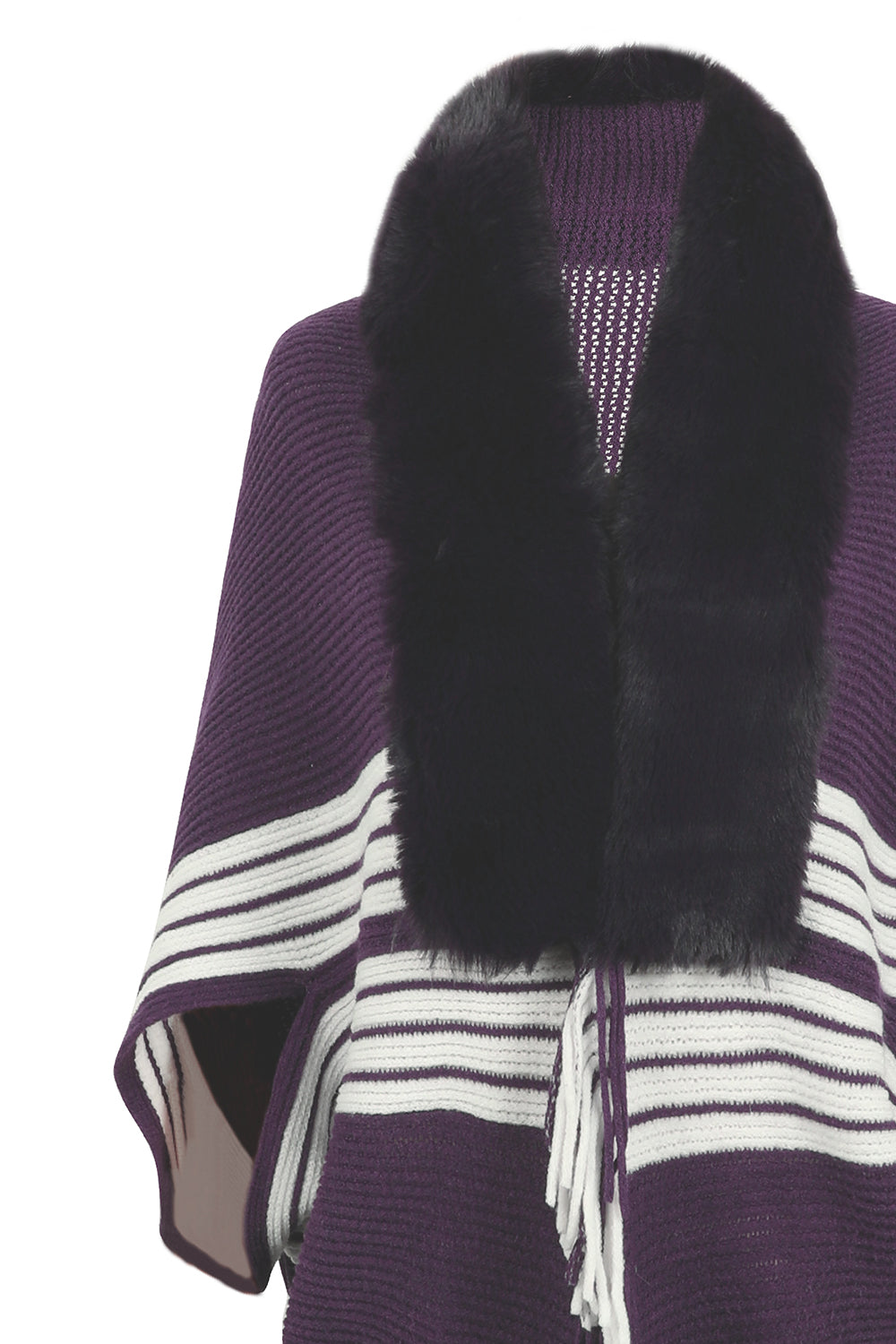 Striped Fringe Detail Long Sleeve Poncho - nailedmoms