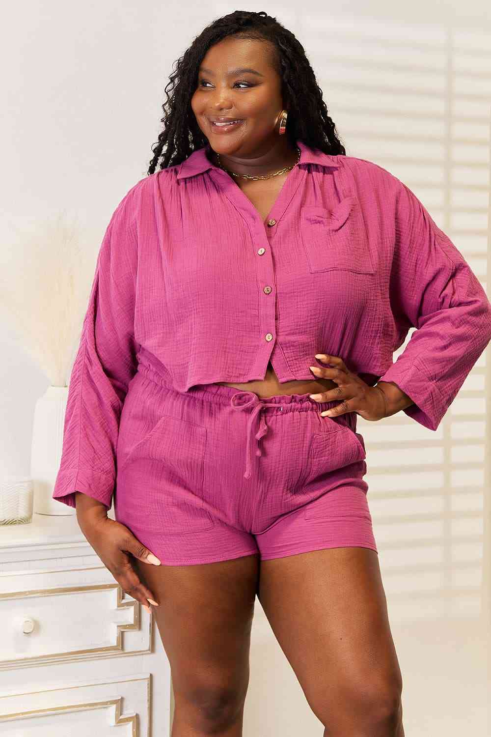 Basic Bae Buttoned Long Sleeve Top and Shorts Set - nailedmoms