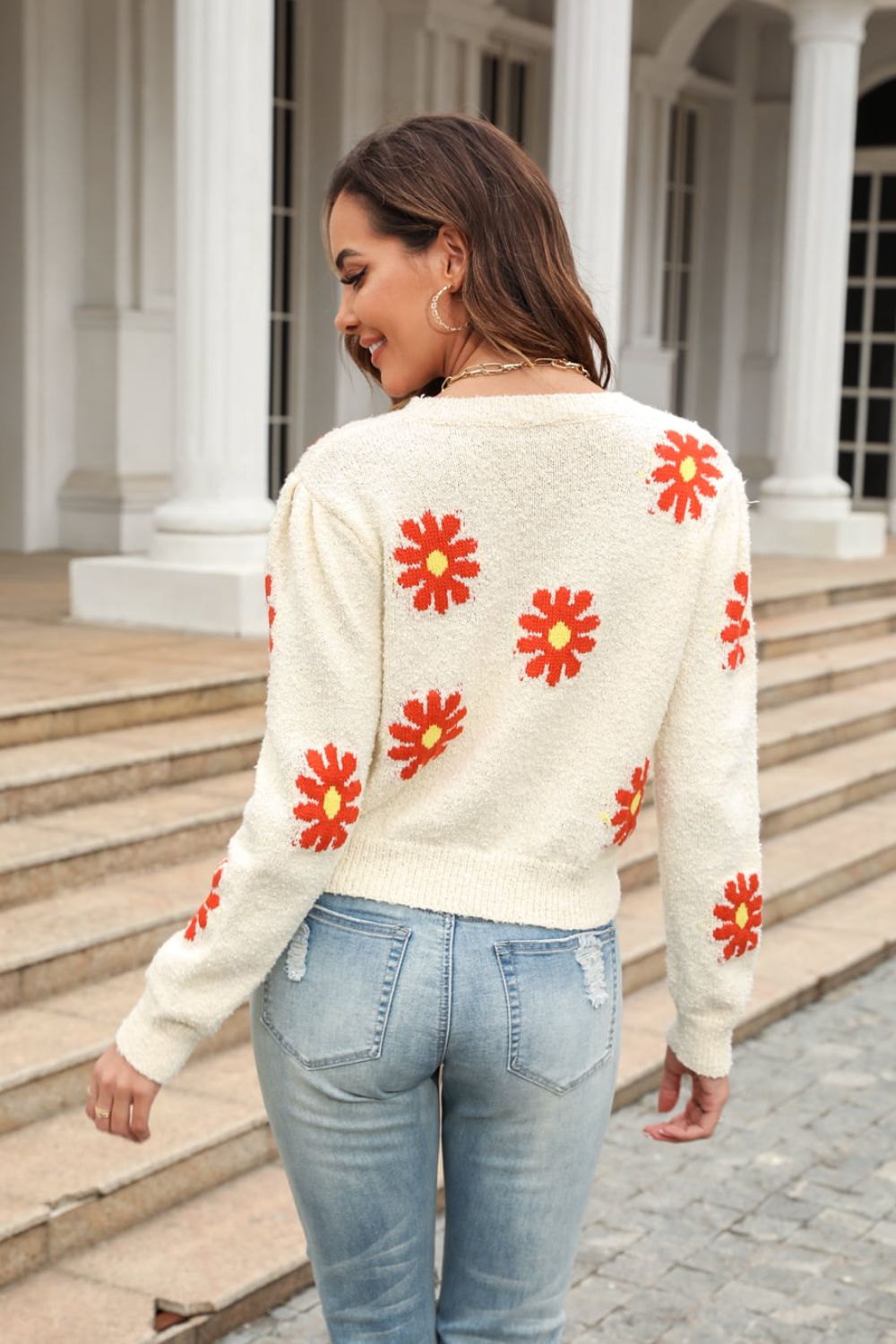 Flower Pattern Round Neck Short Sleeve Pullover Sweater - nailedmoms
