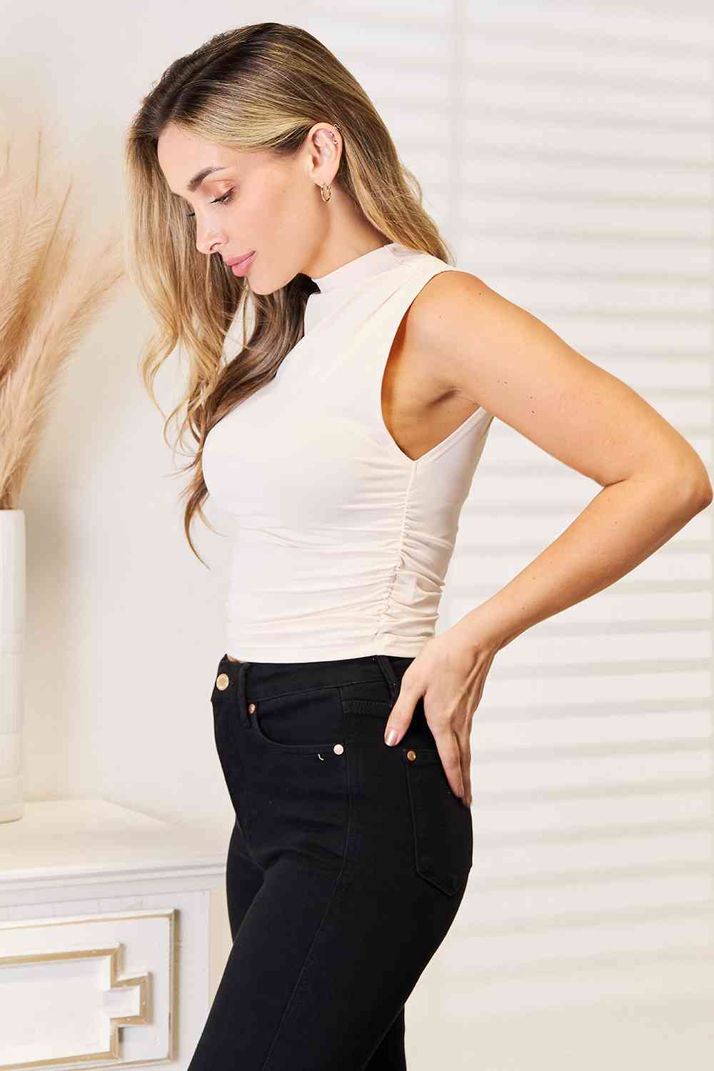 Basic Bae Mock Neck Ruched Cropped Tank - nailedmoms
