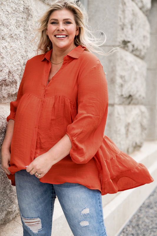 Plus Size Collared Balloon Sleeve Shirt - nailedmoms