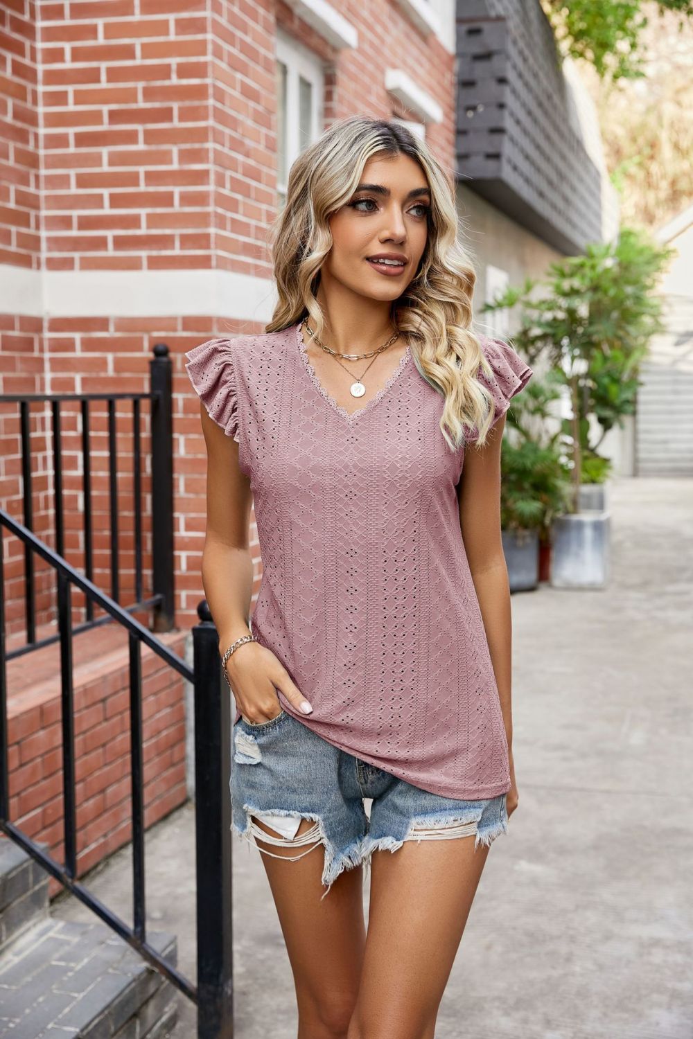 Eyelet Flutter Sleeve Scalloped V-Neck Top - nailedmoms