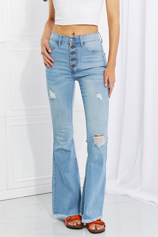 Vibrant MIU Full Size Jess Button Flare Jeans - nailedmoms