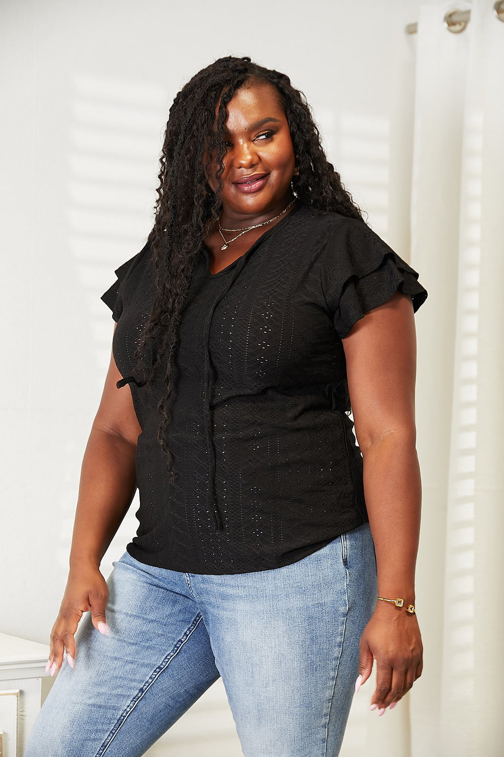 Double Take Eyelet Tie-Neck Flutter Sleeve Blouse - nailedmoms