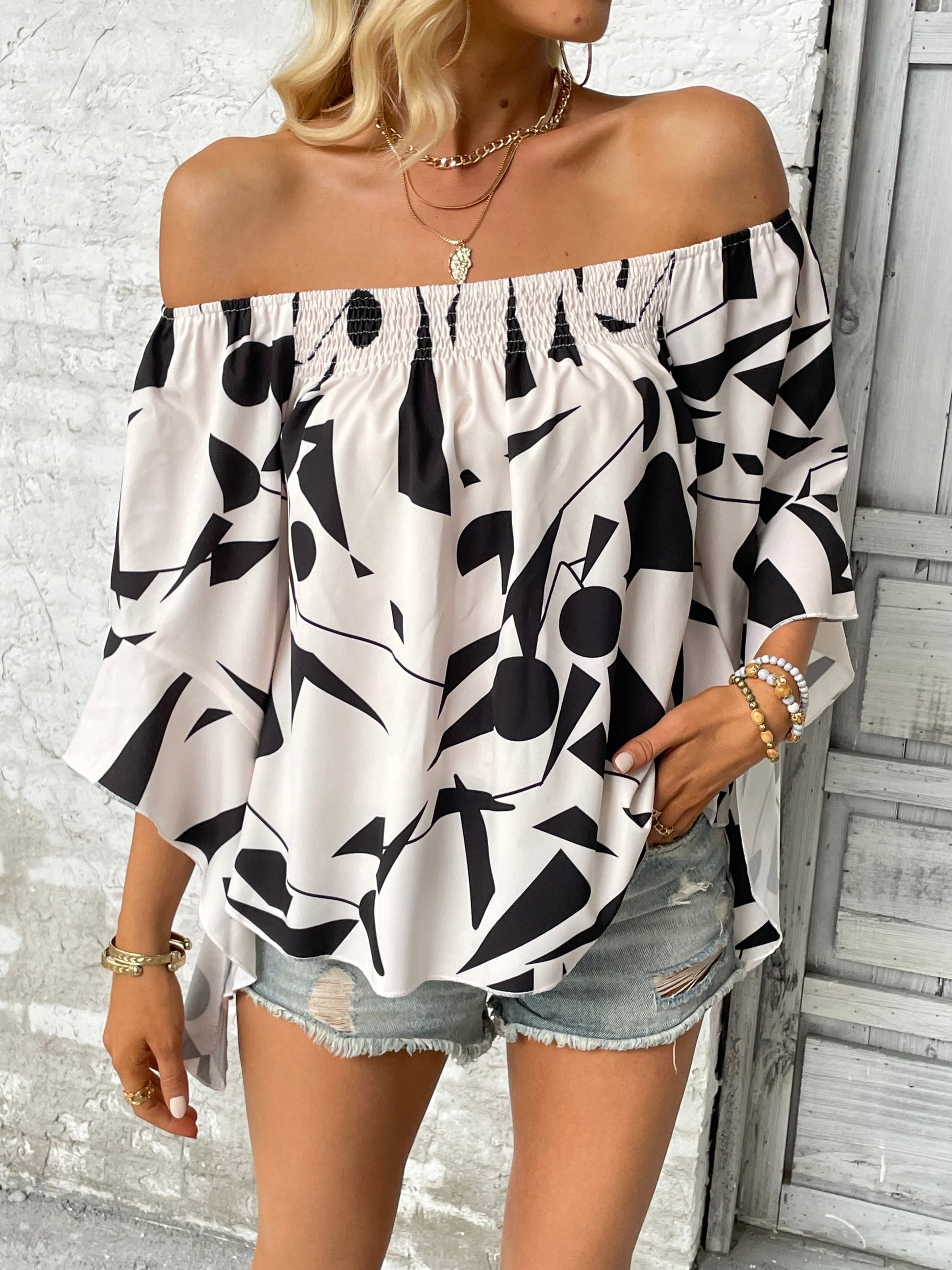 Printed Off-Shoulder Bell Sleeve Blouse - nailedmoms