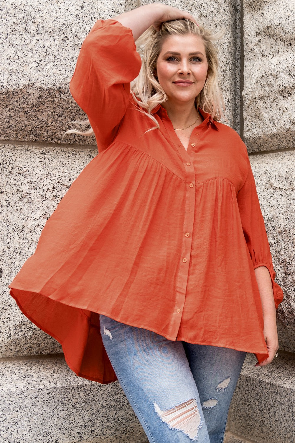 Plus Size Collared Balloon Sleeve Shirt - nailedmoms