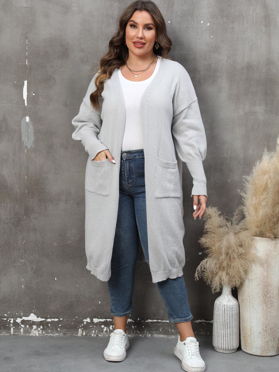 Plus Size Long Sleeve Pocketed Cardigan - nailedmoms