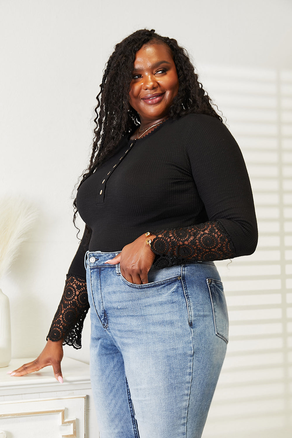 Double Take Crochet Lace Hem Sleeve Button Top - nailedmoms