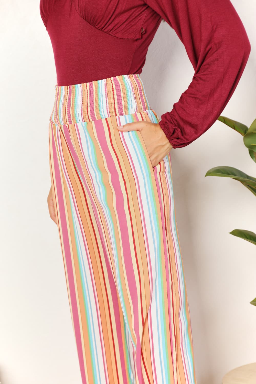 Double Take Striped Smocked Waist Pants with Pockets - nailedmoms