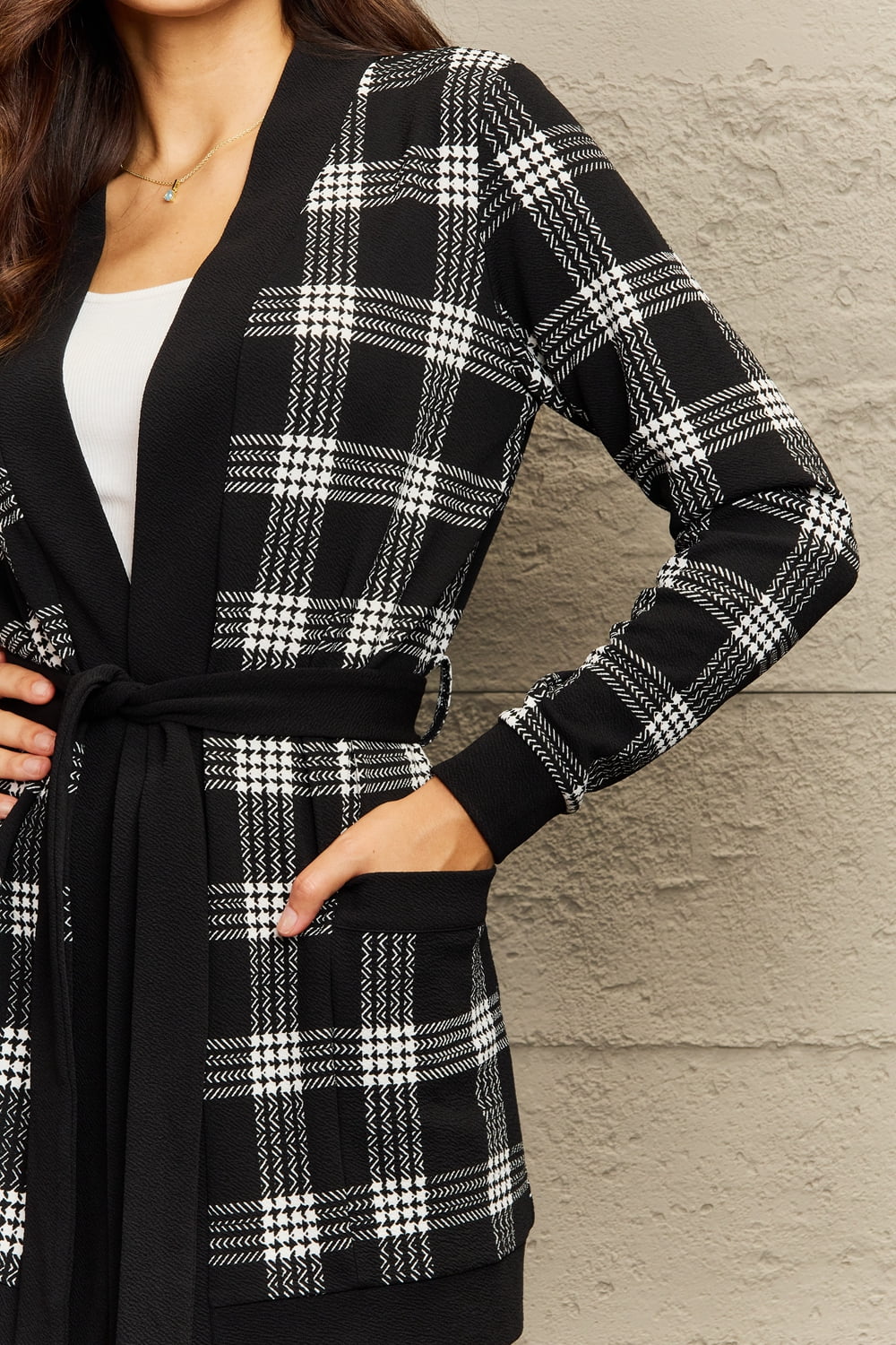 Ninexis Full Size Plaid Tie Waist Pocketed Cardigan - nailedmoms