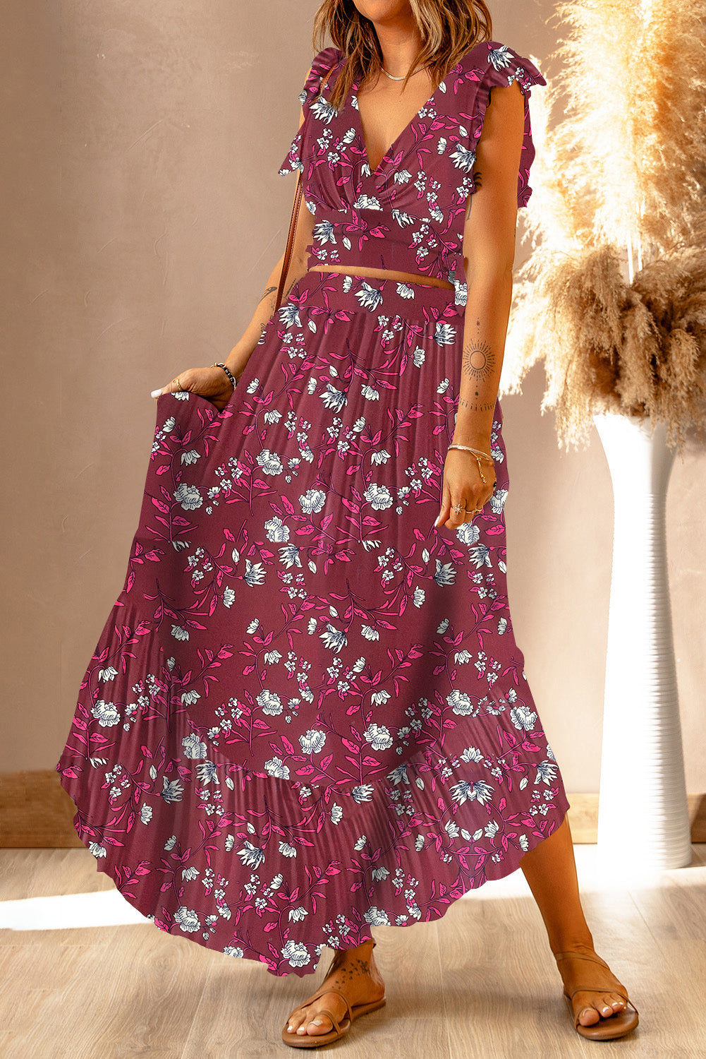 Printed Tie Back Cropped Top and Maxi Skirt Set - nailedmoms